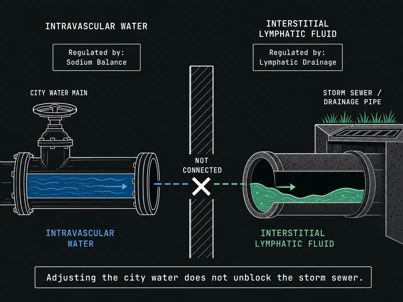 Two plumbing systems diagram — intravascular vs lymphatic fluid