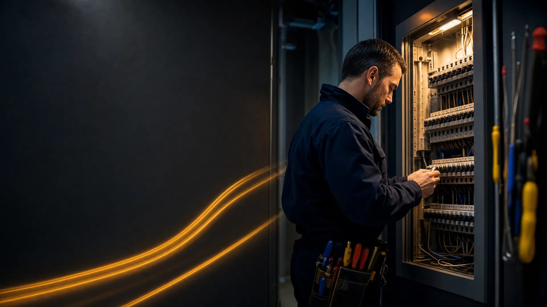 Electricista profesional trabajando en panel eléctrico