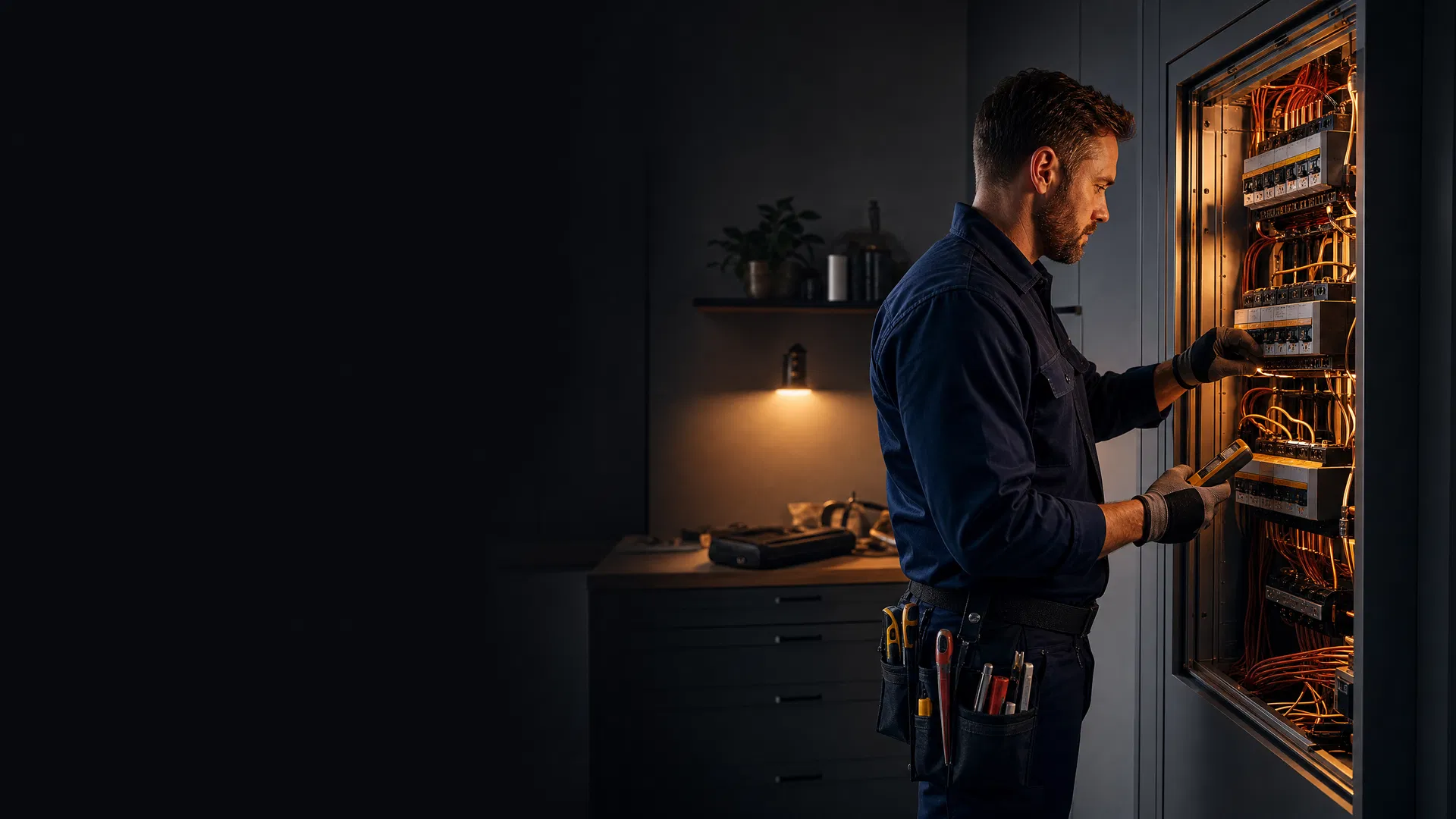 Professional electrician inspecting an electrical panel