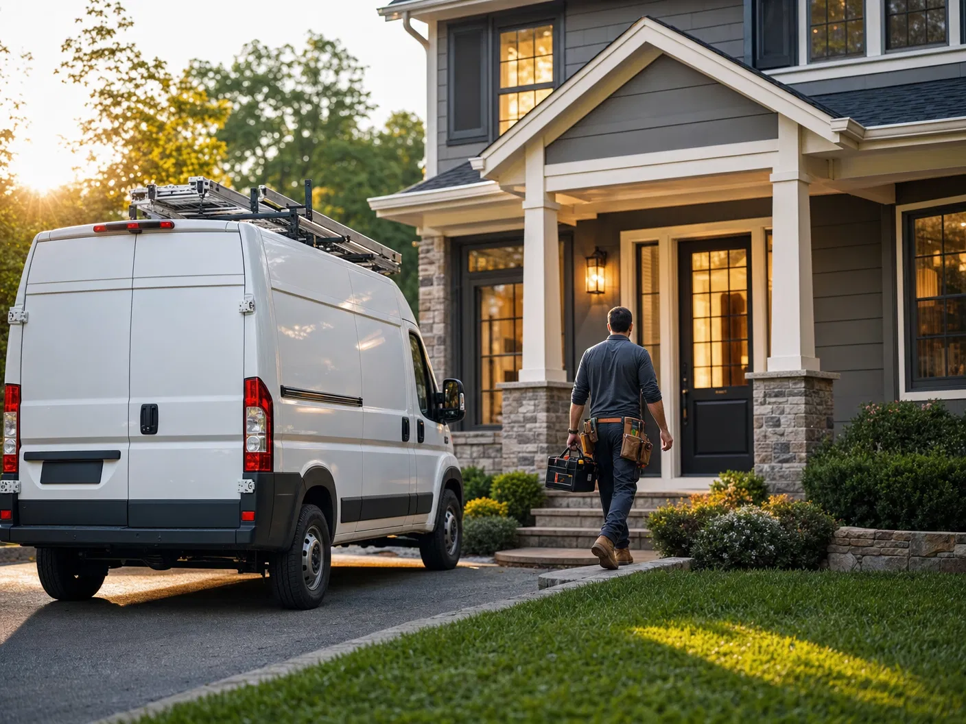 Electrical service vehicle arriving at a residential home