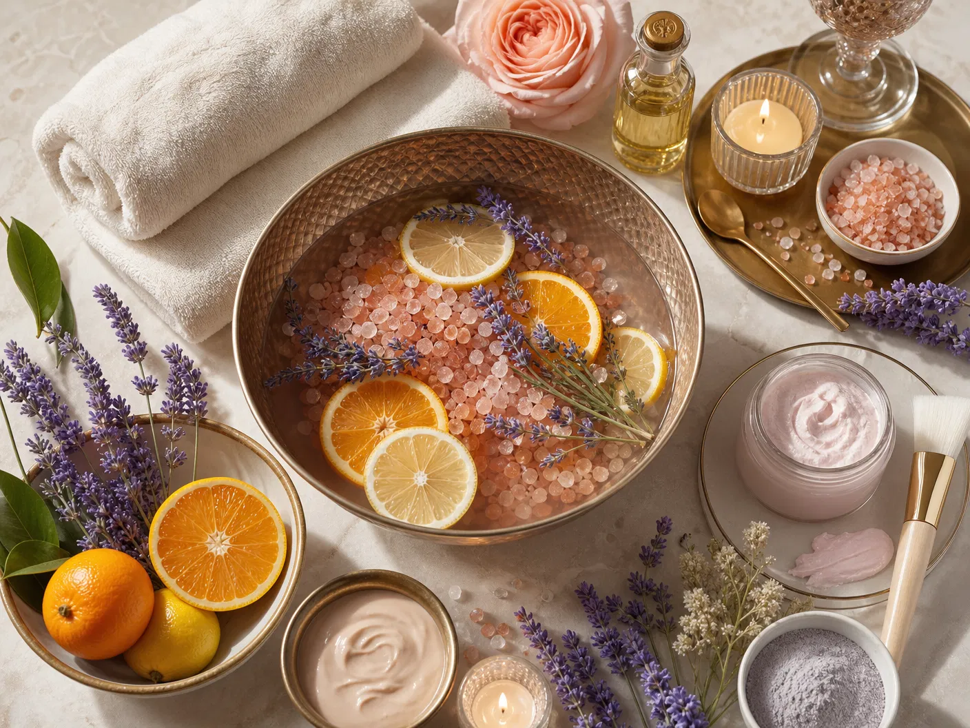 Luxury pedicure ritual with citrus, lavender and spa products