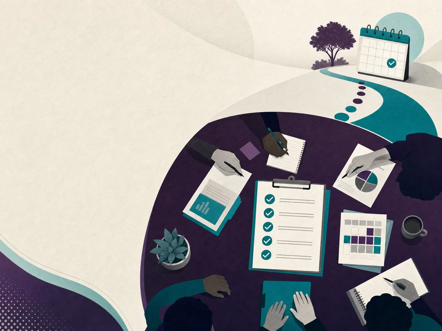 Abstract leadership table with checklist and webinar planning visuals