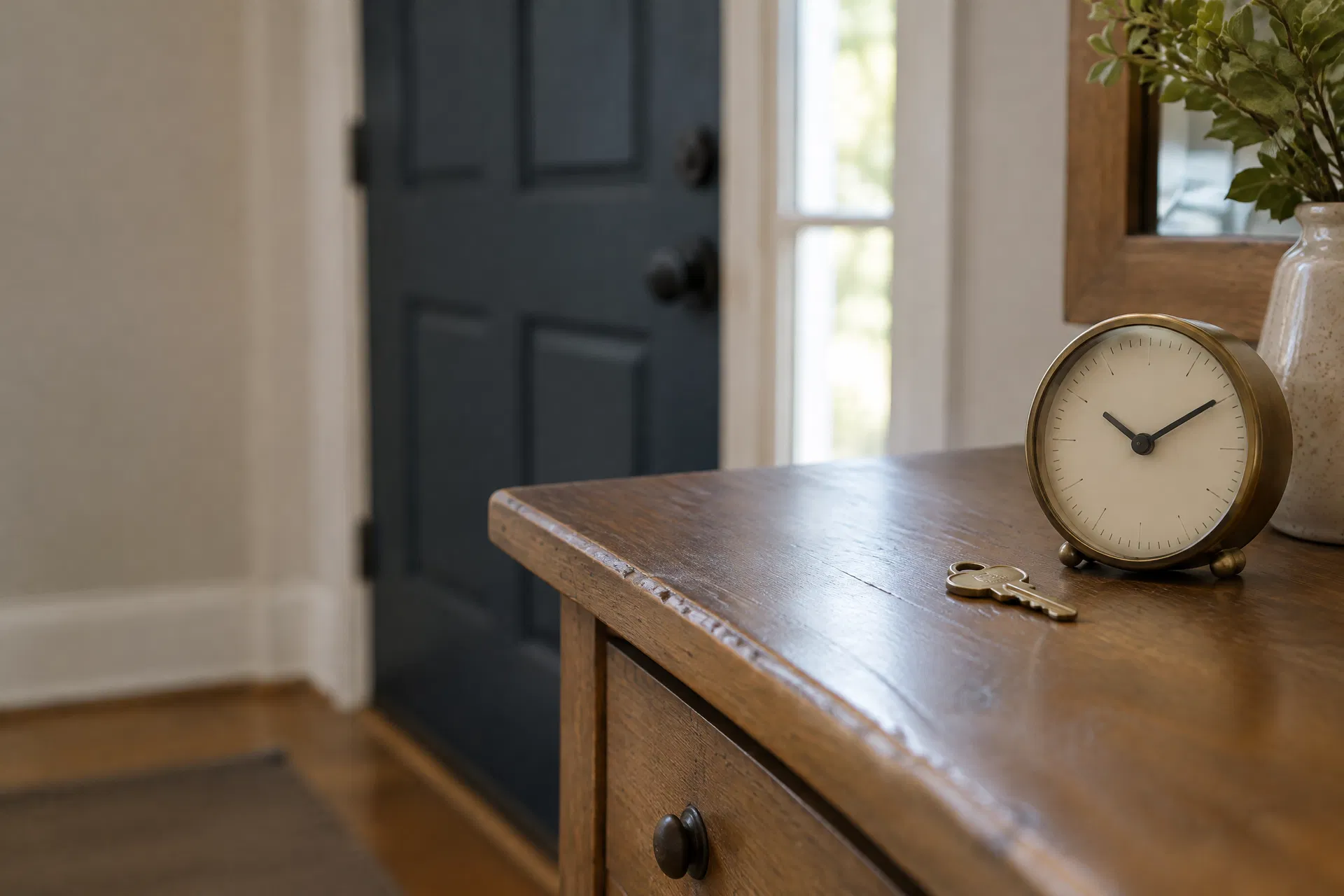 Brass house key and analog clock resting on a wooden entry table inside a home