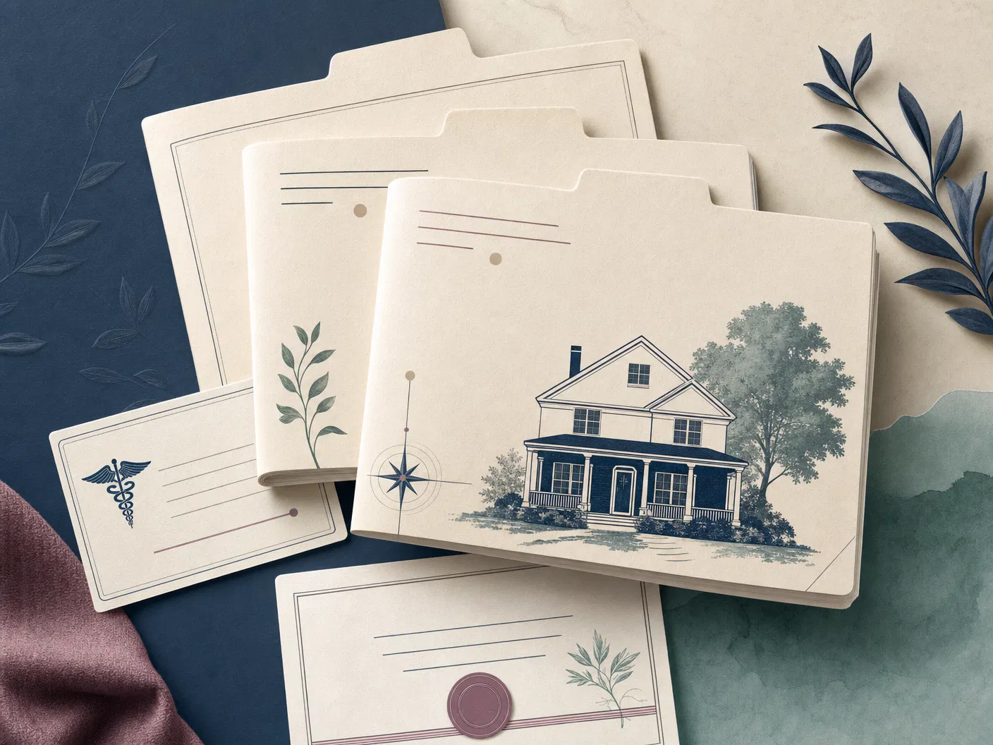 Layered estate planning folders and family-home illustration
