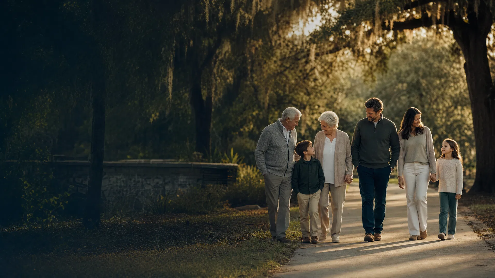 A multigenerational family walking together on a tree-lined path