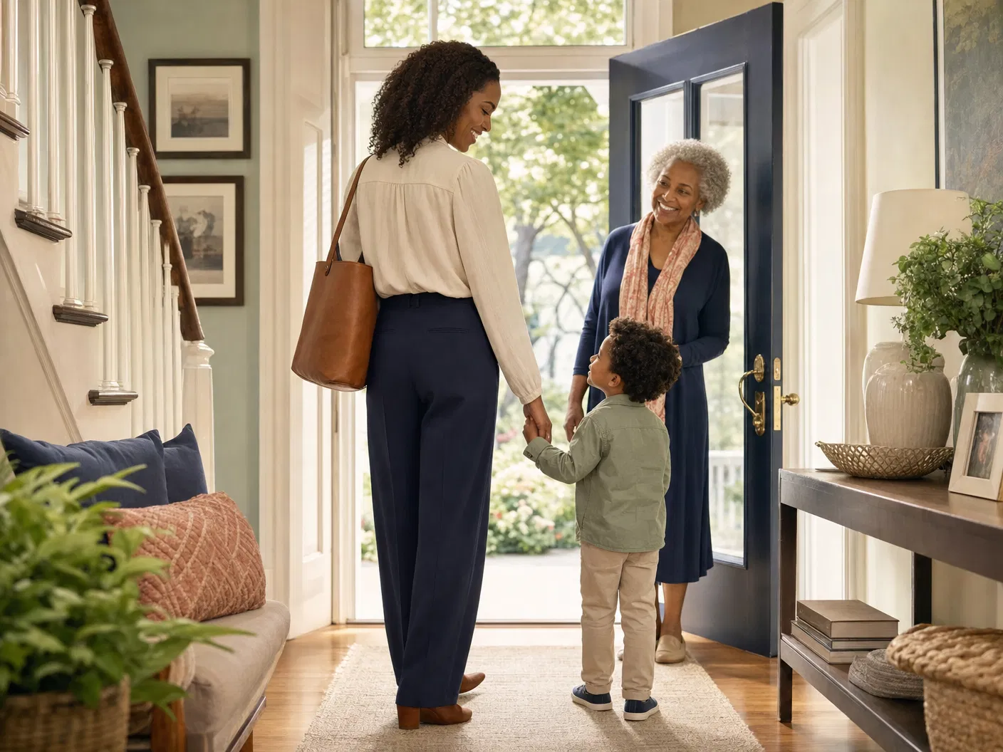 A parent and child being welcomed at a warm family home