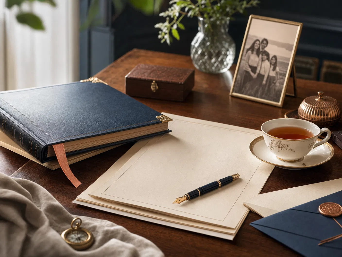 Estate planning documents and a family album on a warm office table