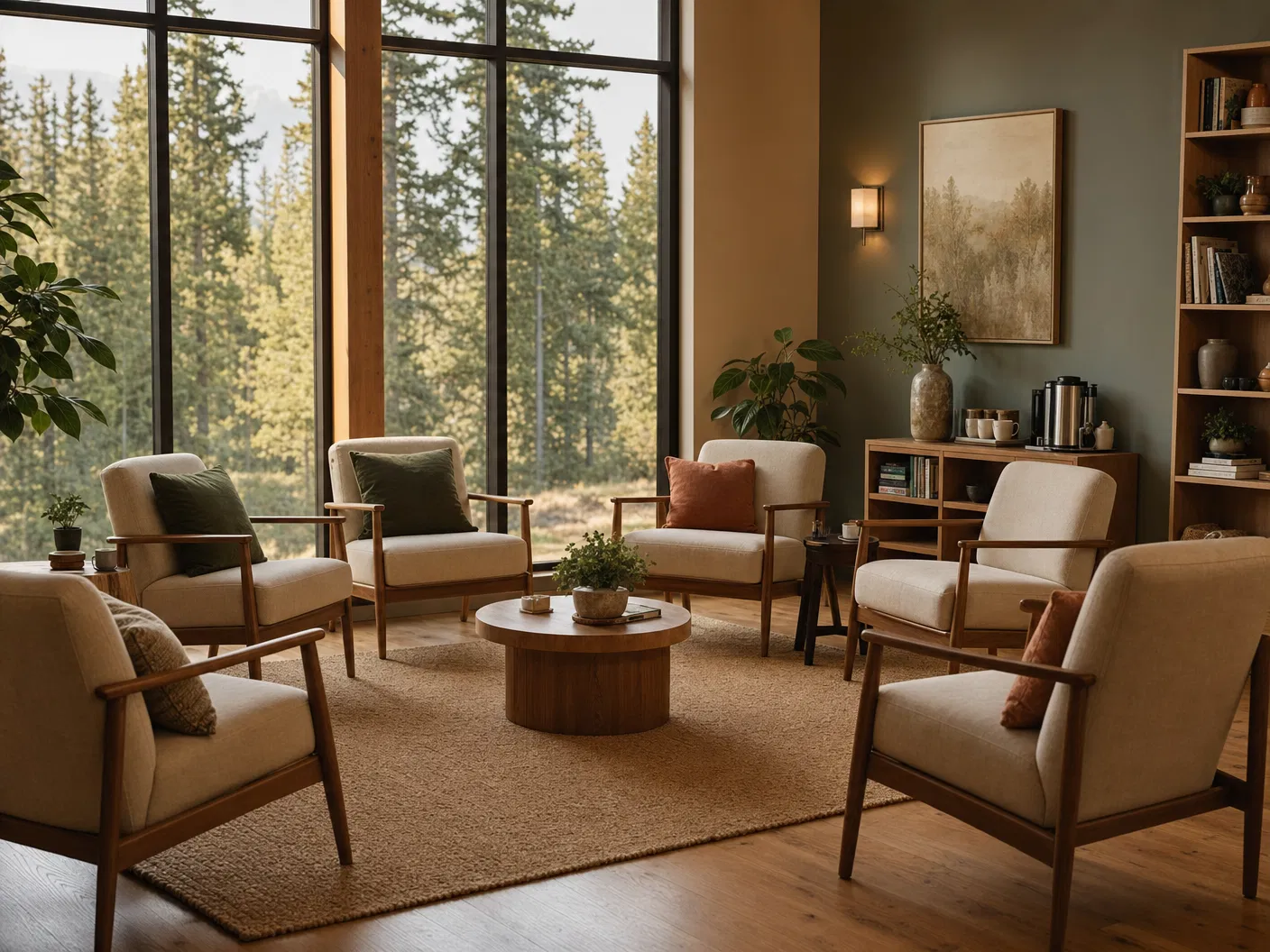A warm residential common space arranged for coed group therapy