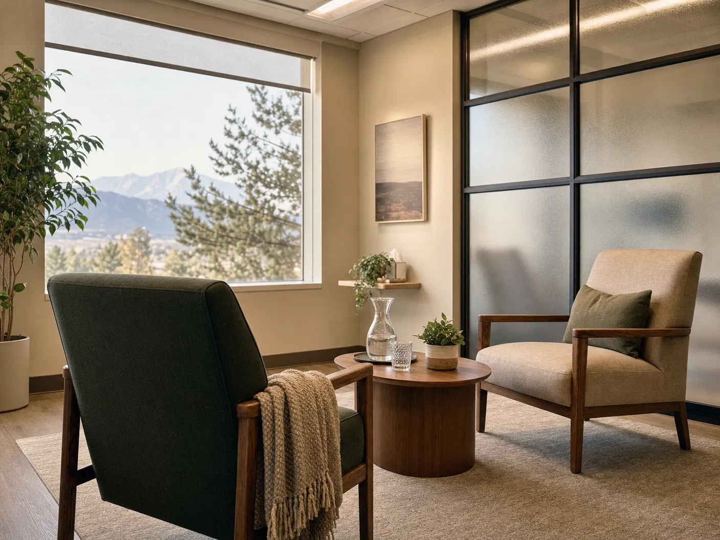 A private admissions consultation room with Colorado mountain light
