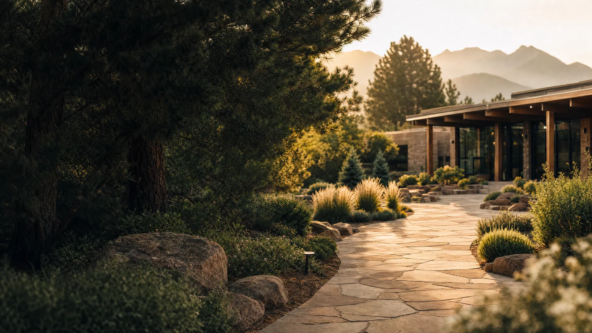 A peaceful Colorado Springs recovery center garden with a stone path and mountain light