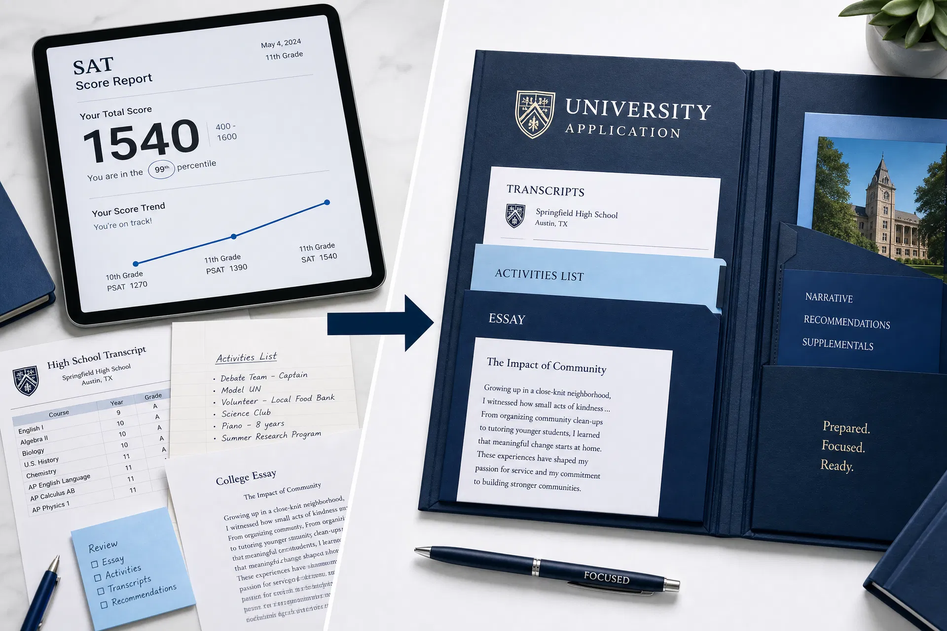SAT score report transitioning into a complete university application