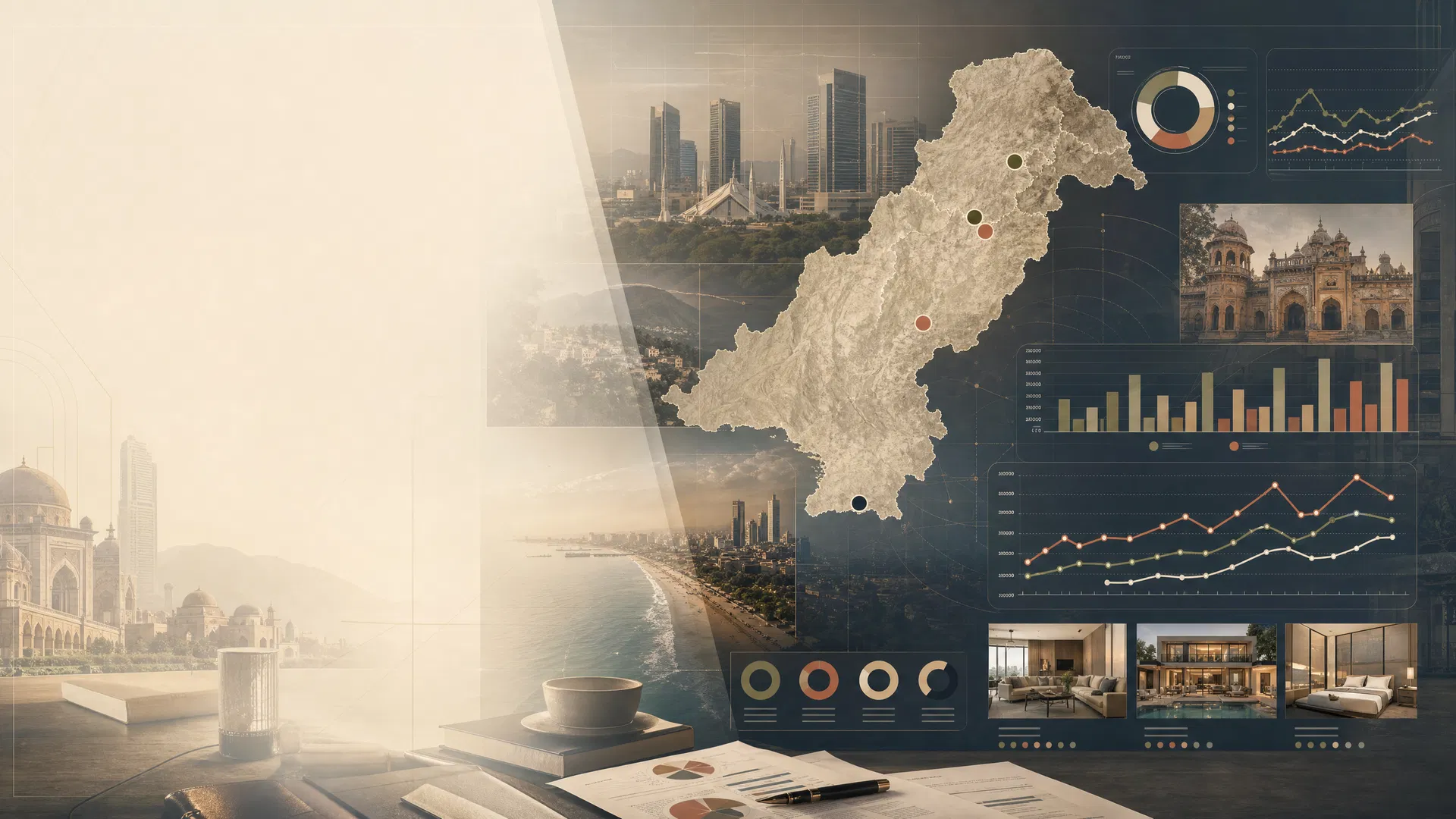 Pakistan Airbnb investment analytics map with financial dashboard overlays