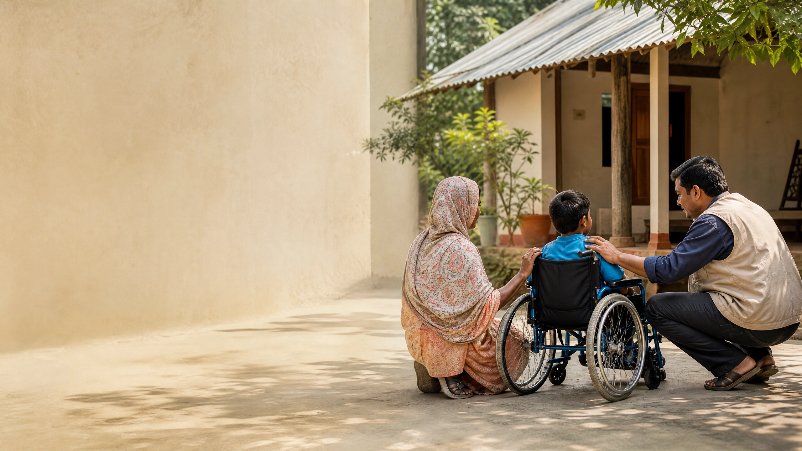 International volunteers and local staff working with children at a disability rehabilitation center in Bangladesh