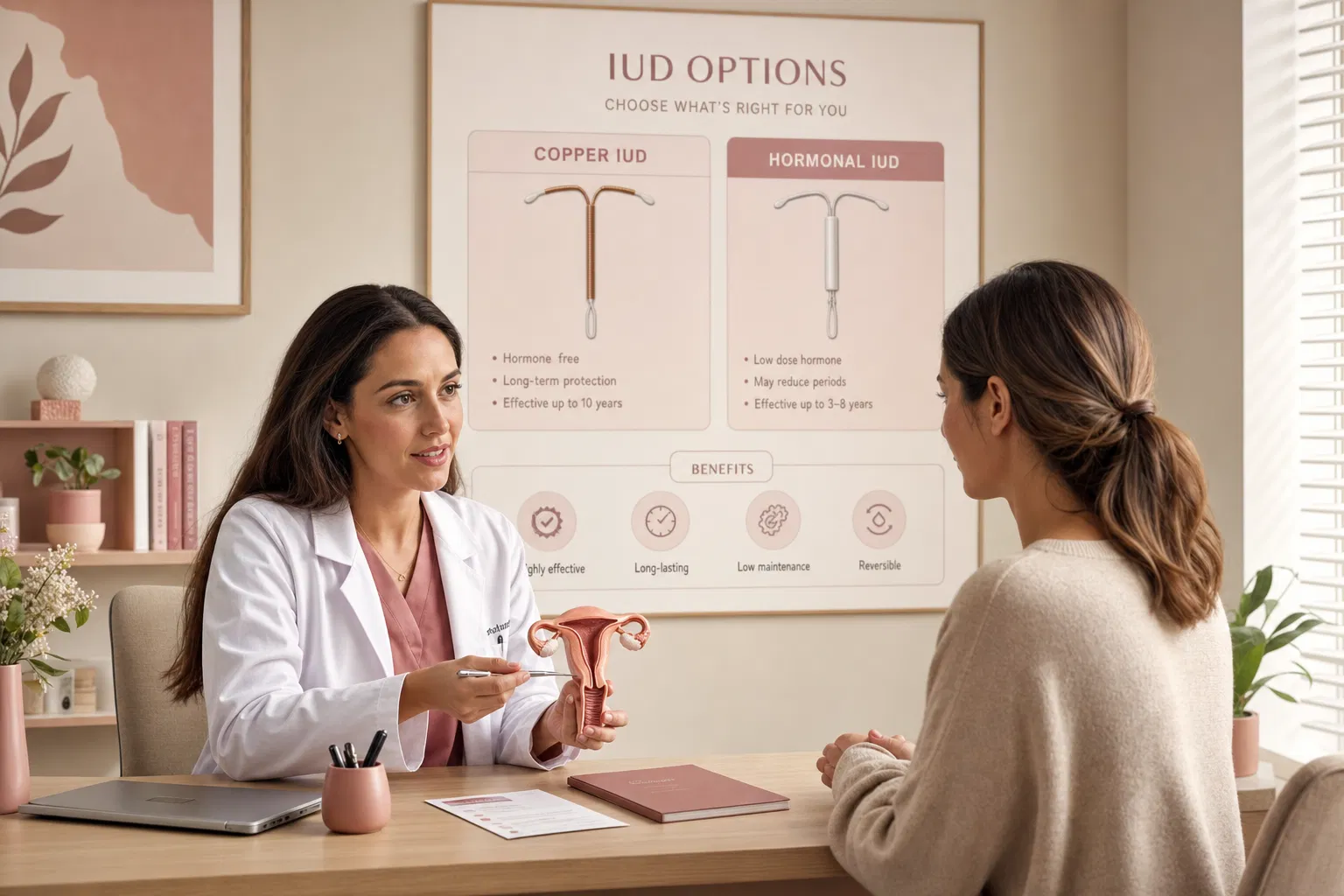 Médica explicando opções de DIU para paciente