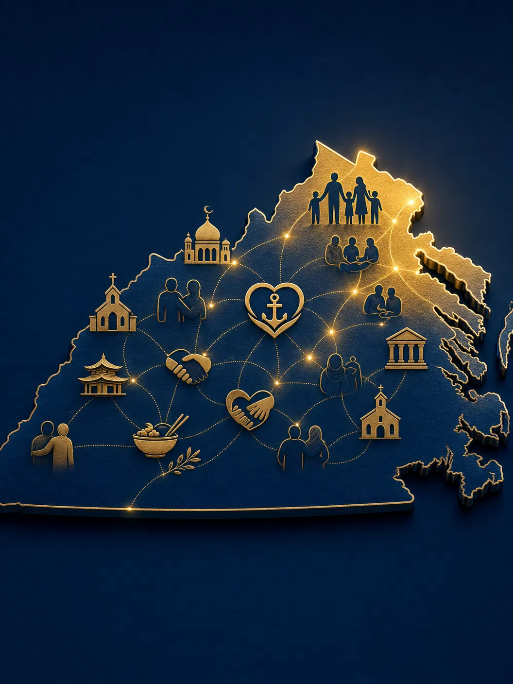 Virginia map with cultural community icons showing diverse faiths, families, and connections