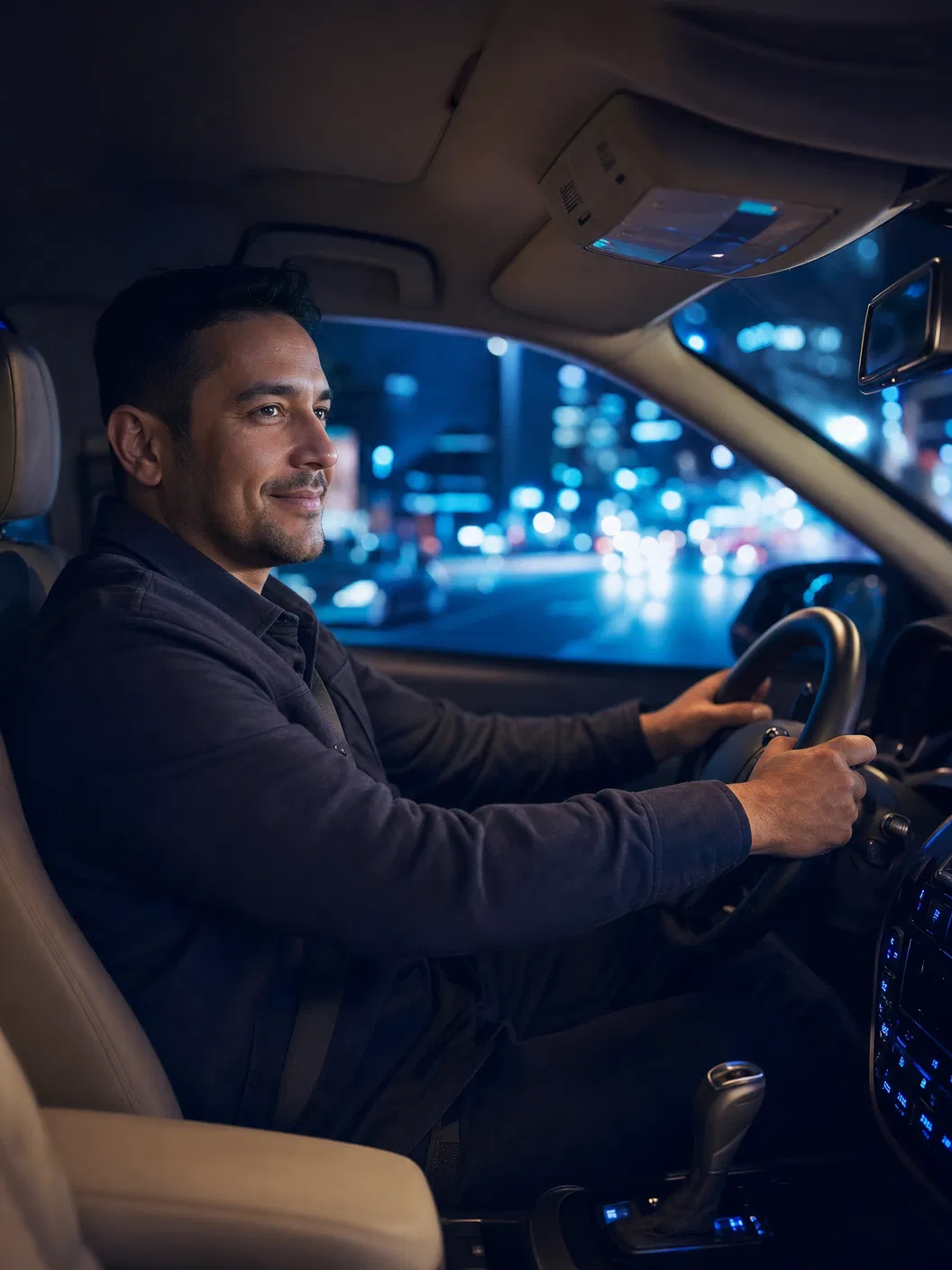 A KAR driver behind the wheel at night