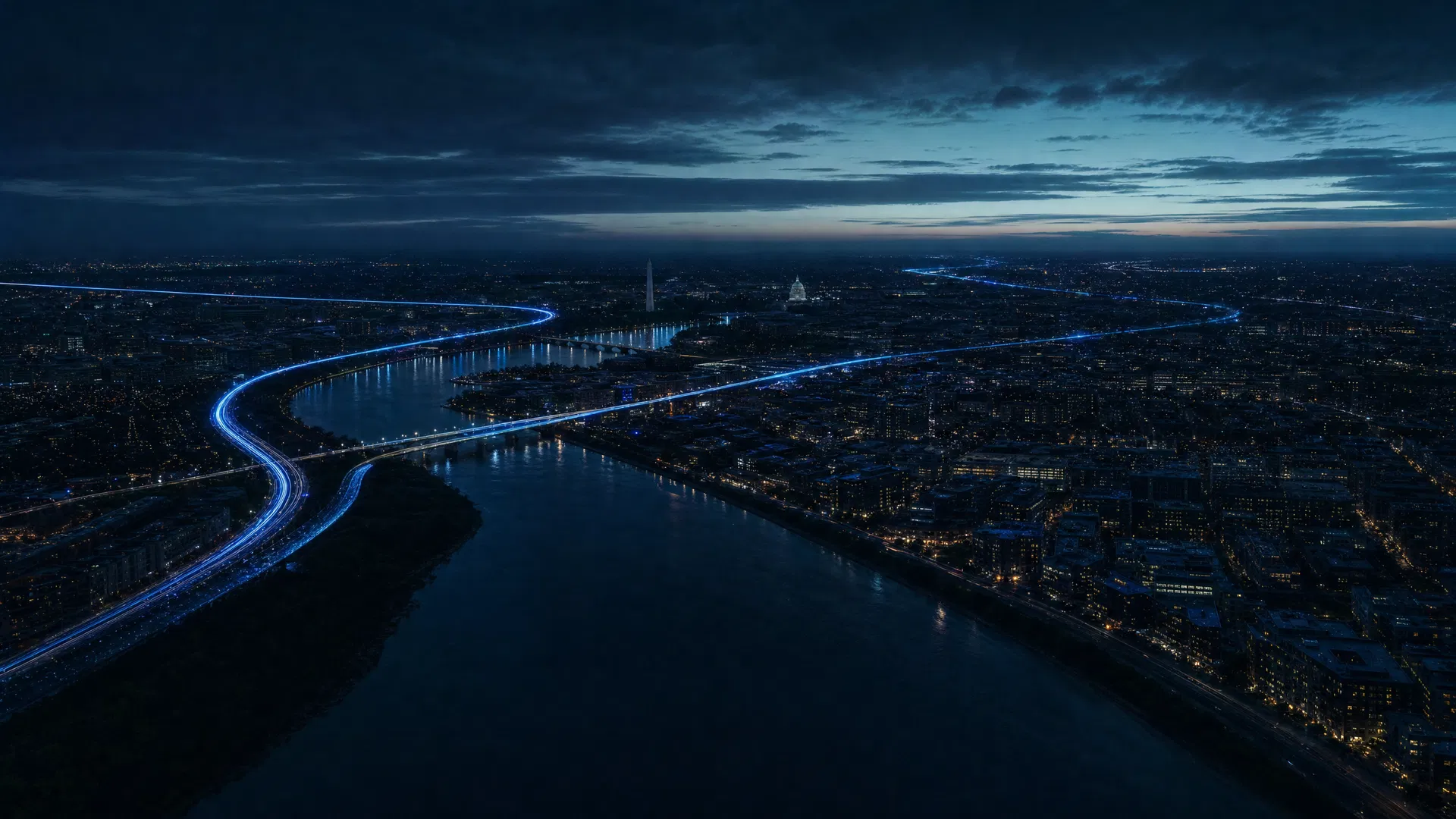 Aerial view of the Washington DC, Maryland, and Virginia skyline at night