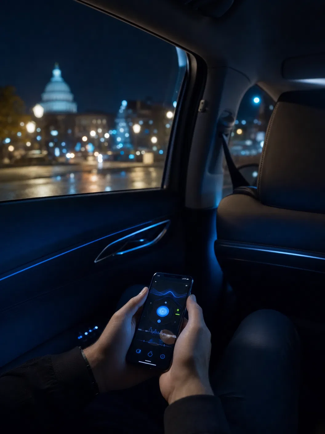 Passenger view of a KAR ride at night in Washington DC