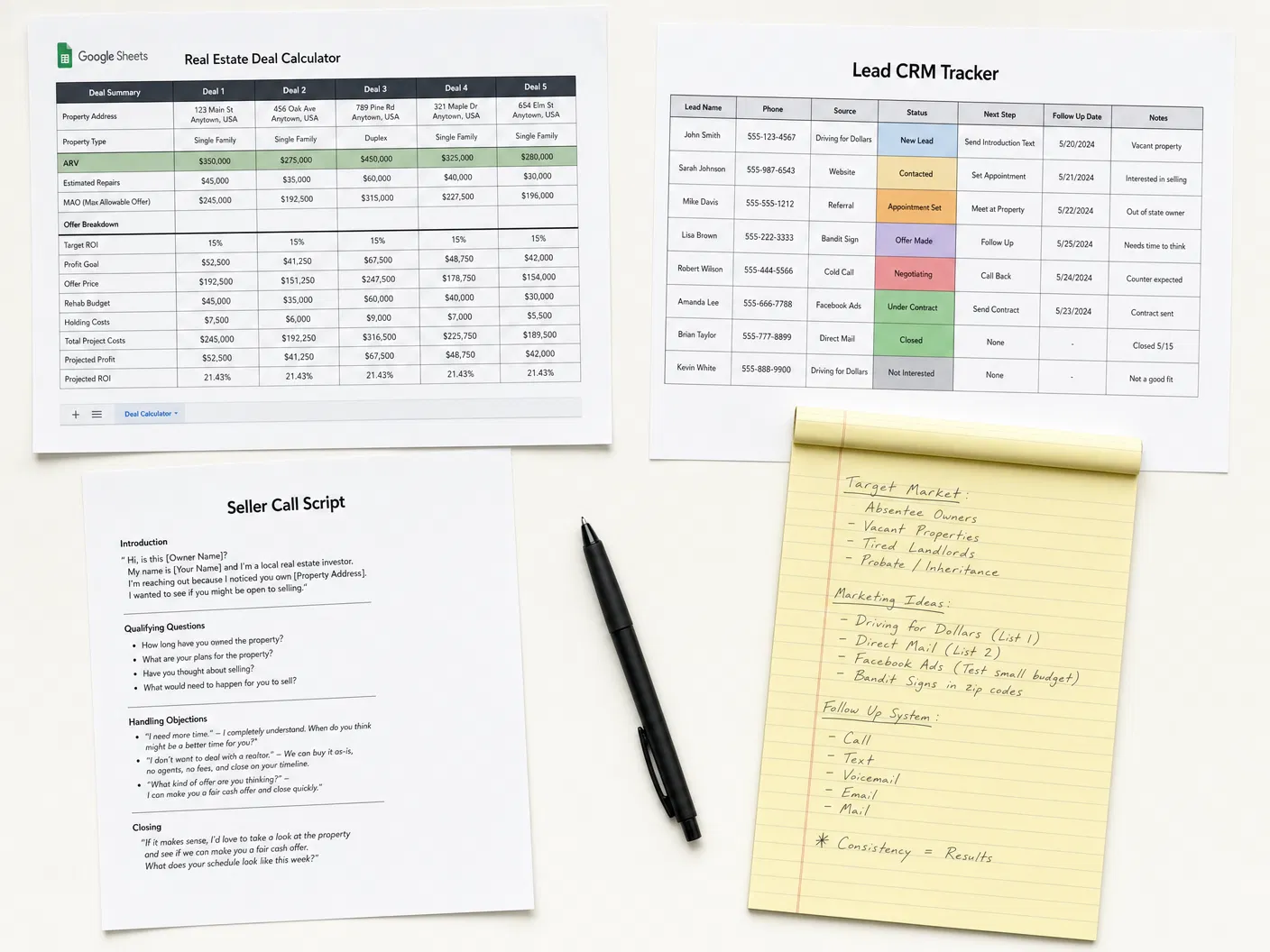 DealFlow OS product contents — Deal Calculator, CRM Tracker, and Scripts