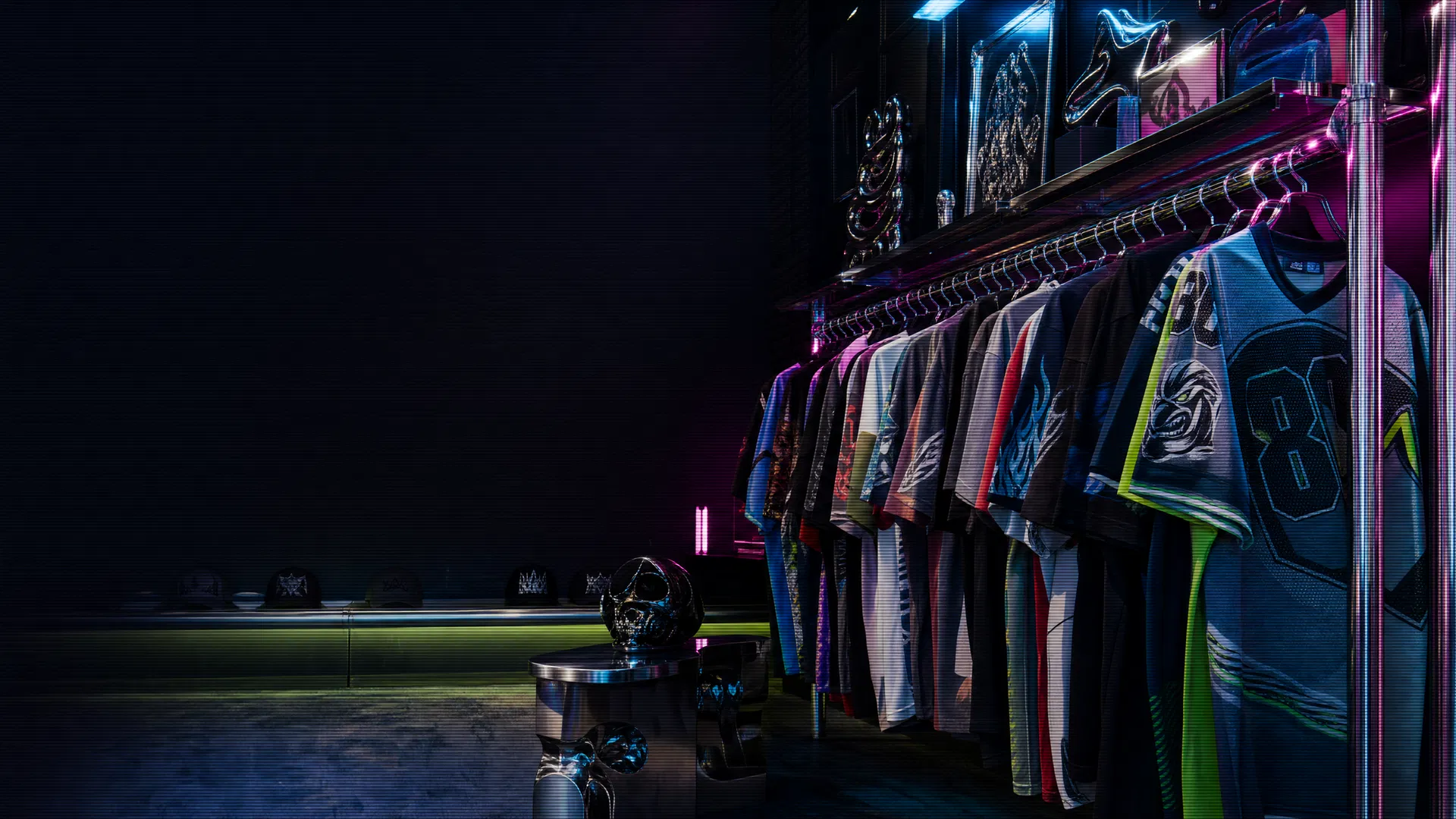 Moody rack of vintage graphic tees and Y2K jerseys under neon chrome lighting