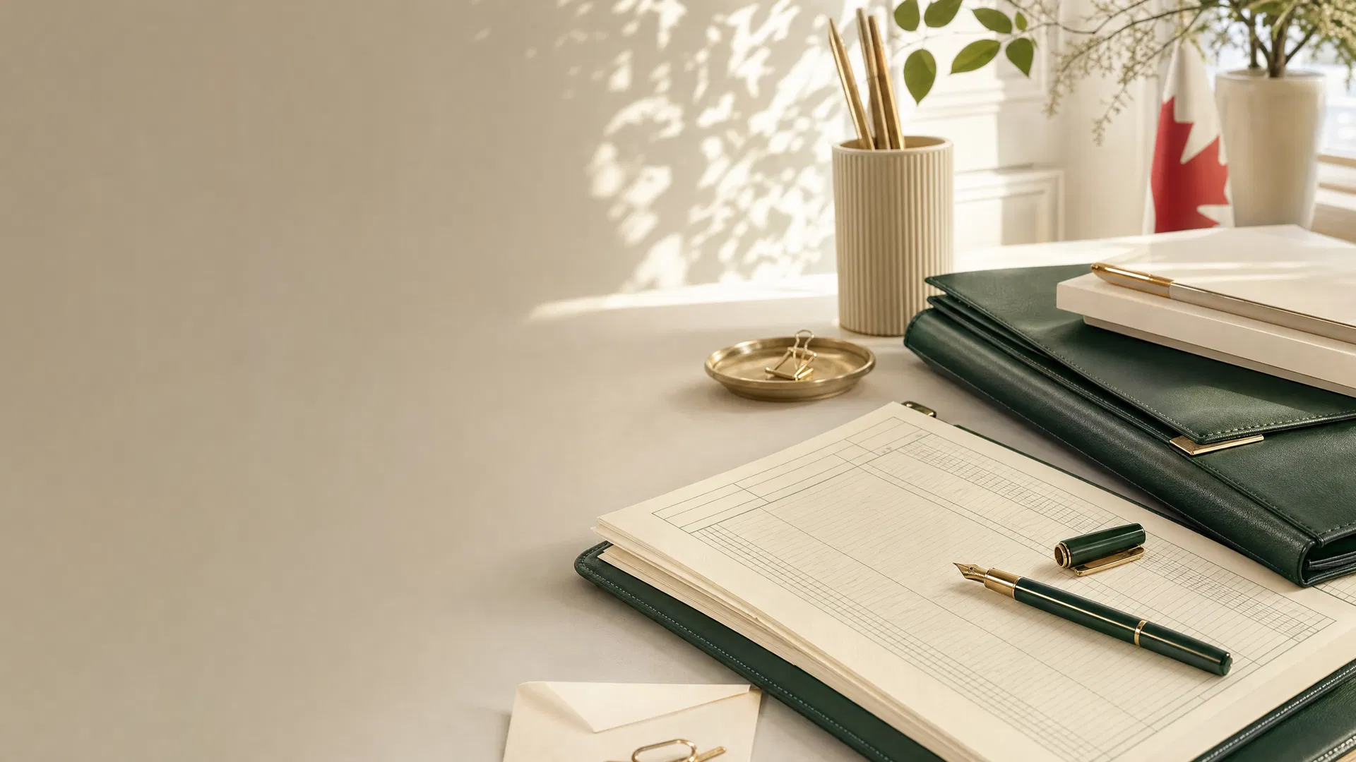 Ledger books, financial papers, and professional office materials