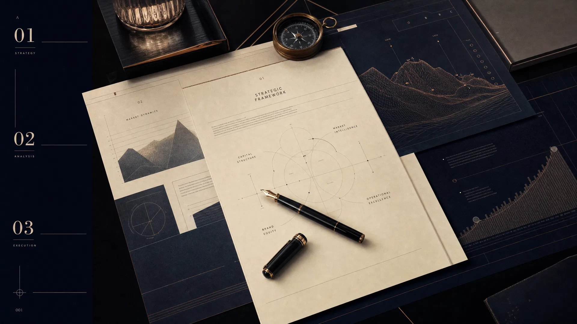 Executive consulting strategy documents with charts and gold rule lines