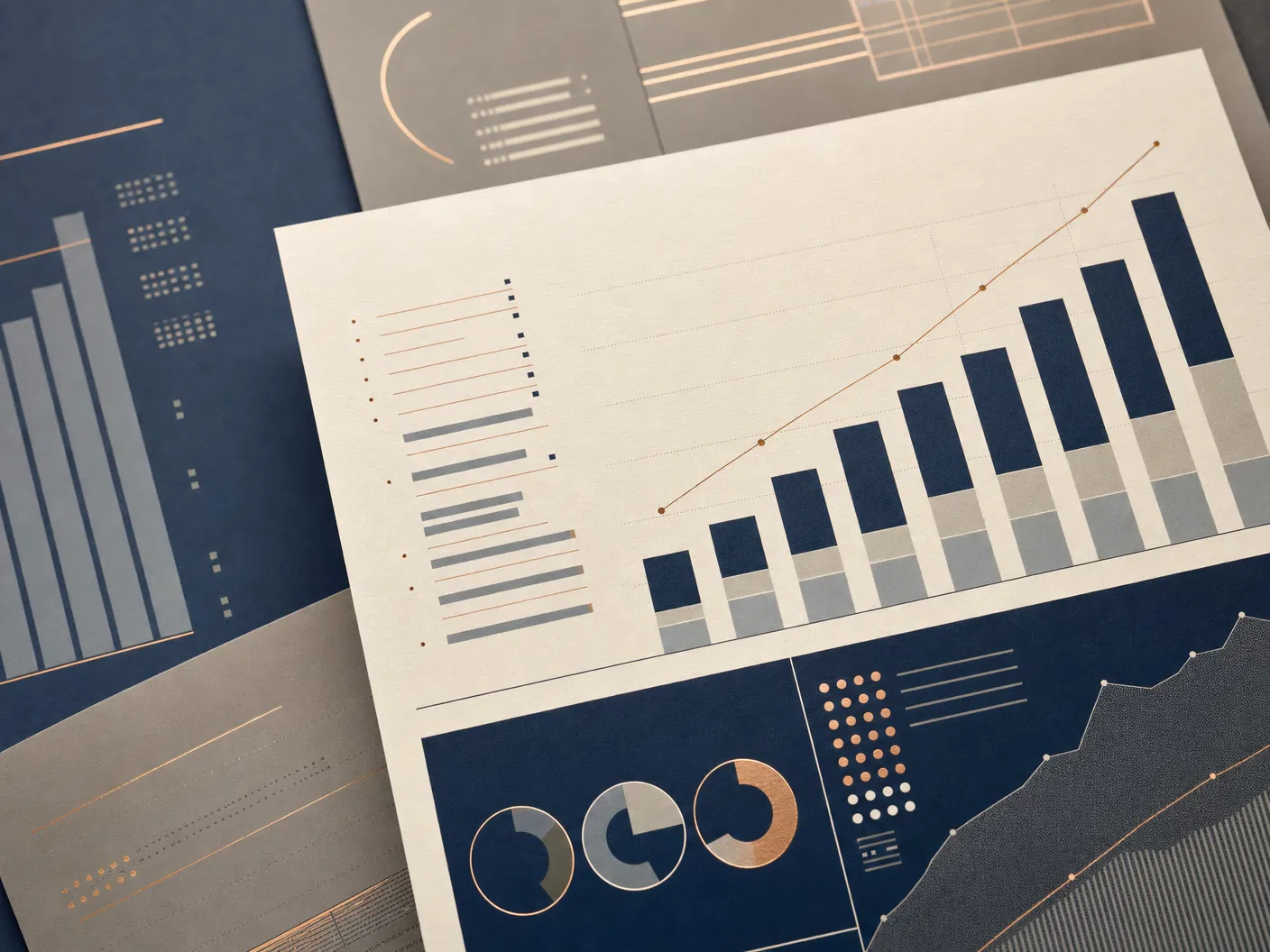 Executive report metrics visual with bar charts and gold trend line