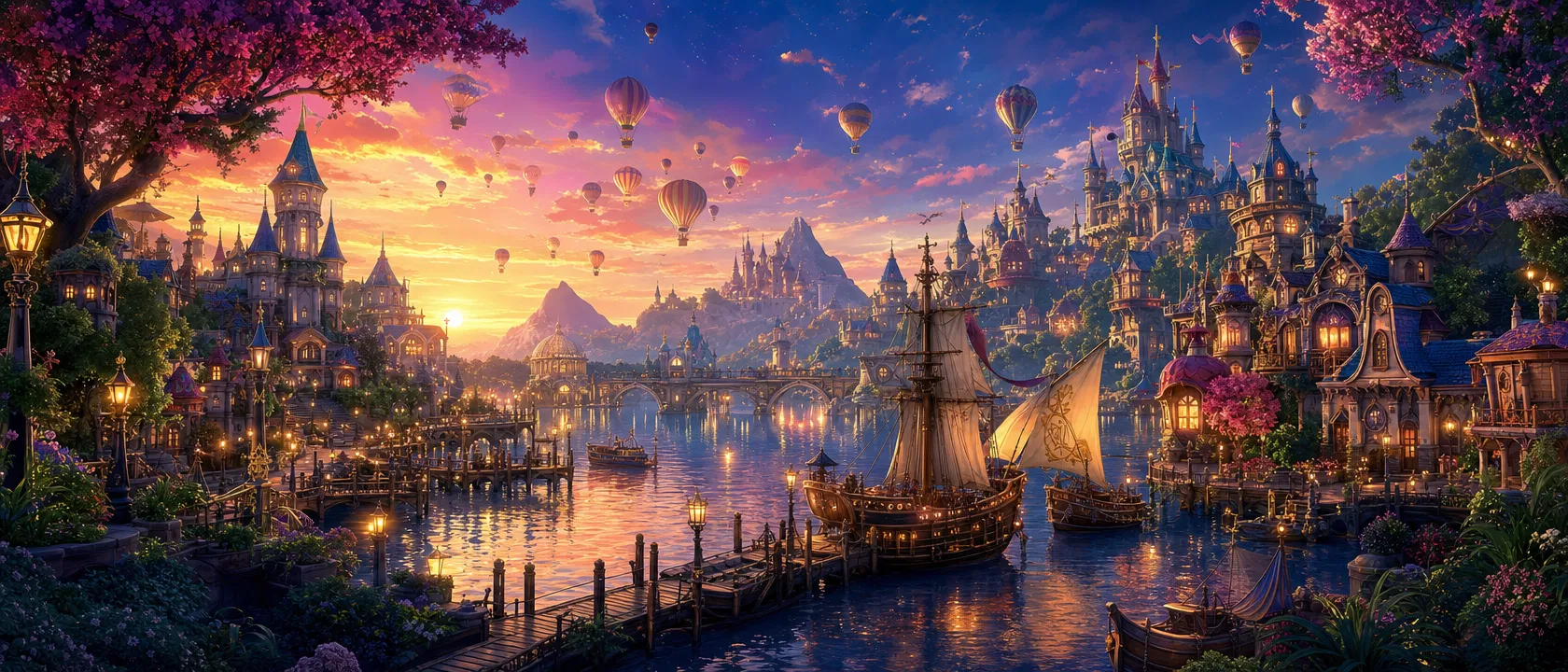 A magical twilight harbor with whimsical towers, ships, and hot air balloons