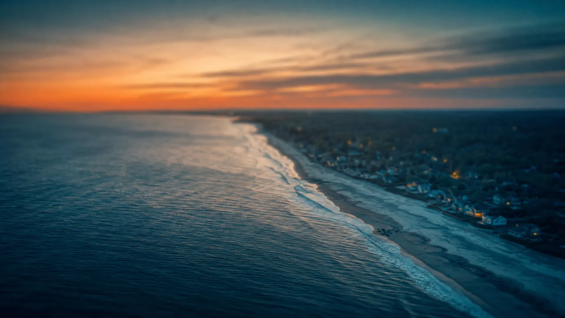 Aerial view of Rhode Island coastline at dusk