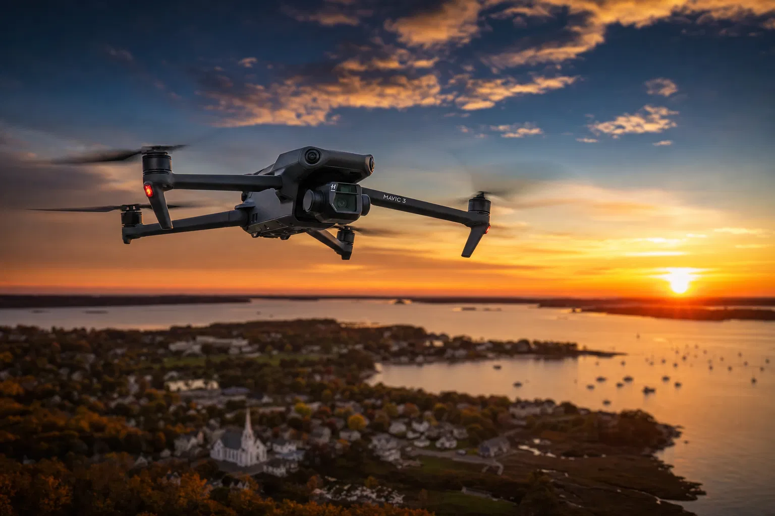 DJI Mavic 3 drone flying over Rhode Island coastline at sunset