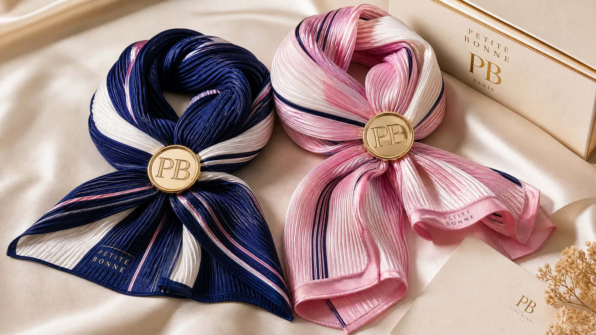 Both scarves elegantly displayed with gold PB rings