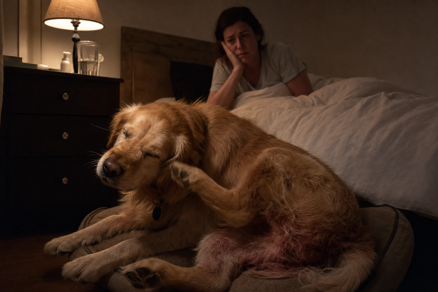 Golden retriever scratching at night