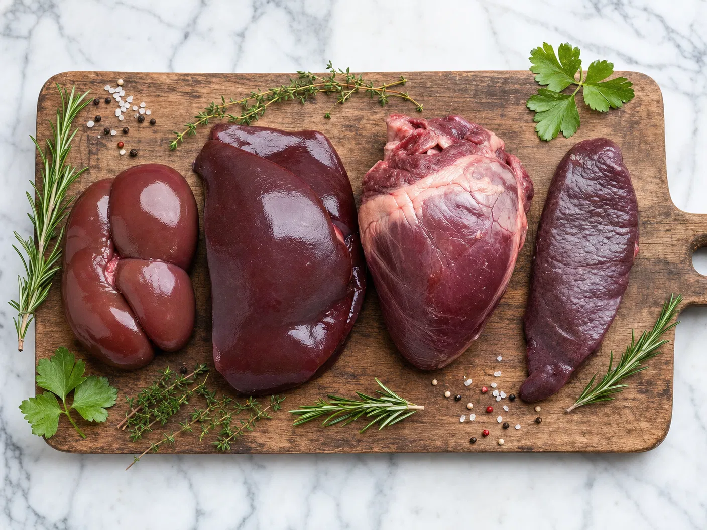 Raw organ meats on cutting board