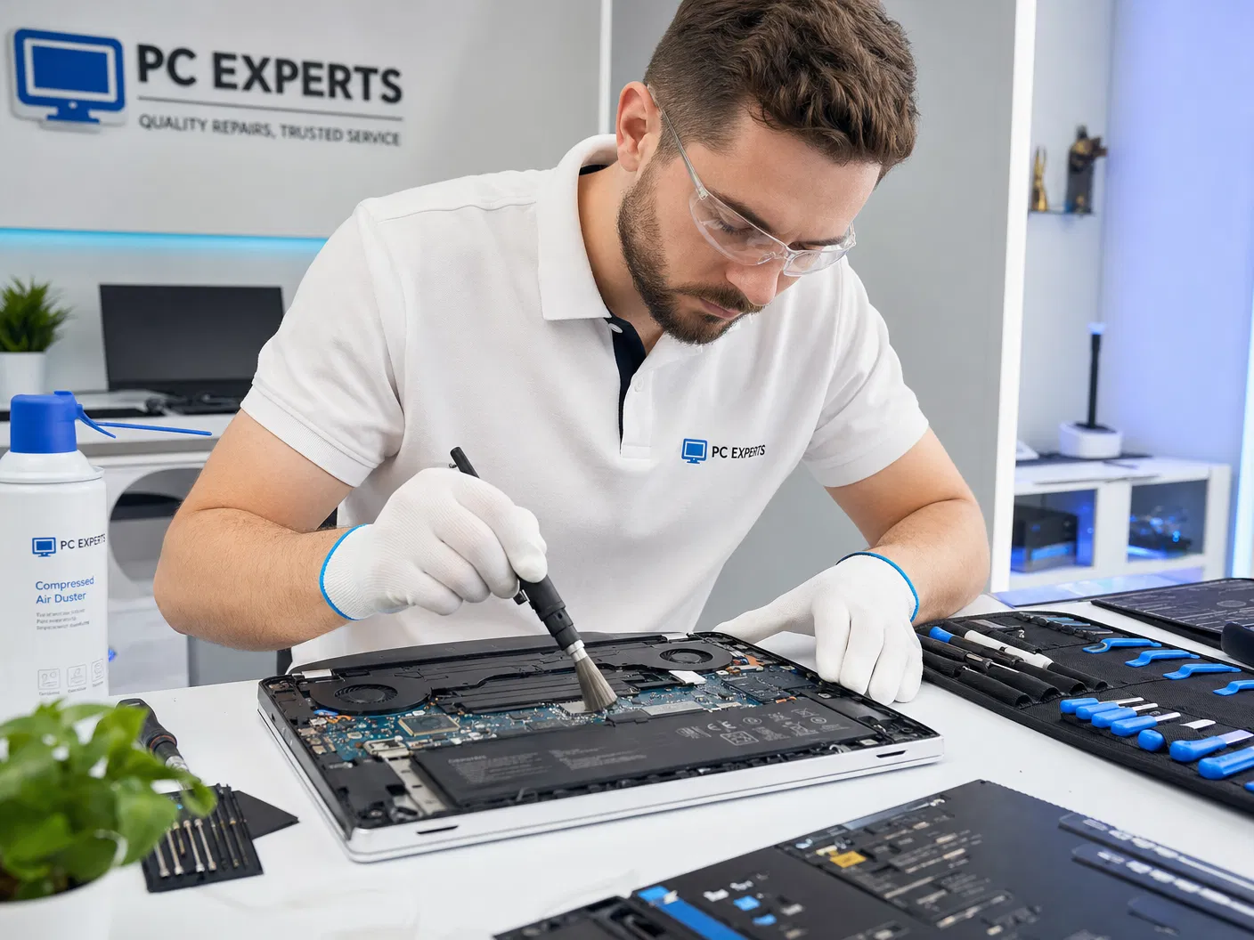 Técnico realizando manutenção em notebook