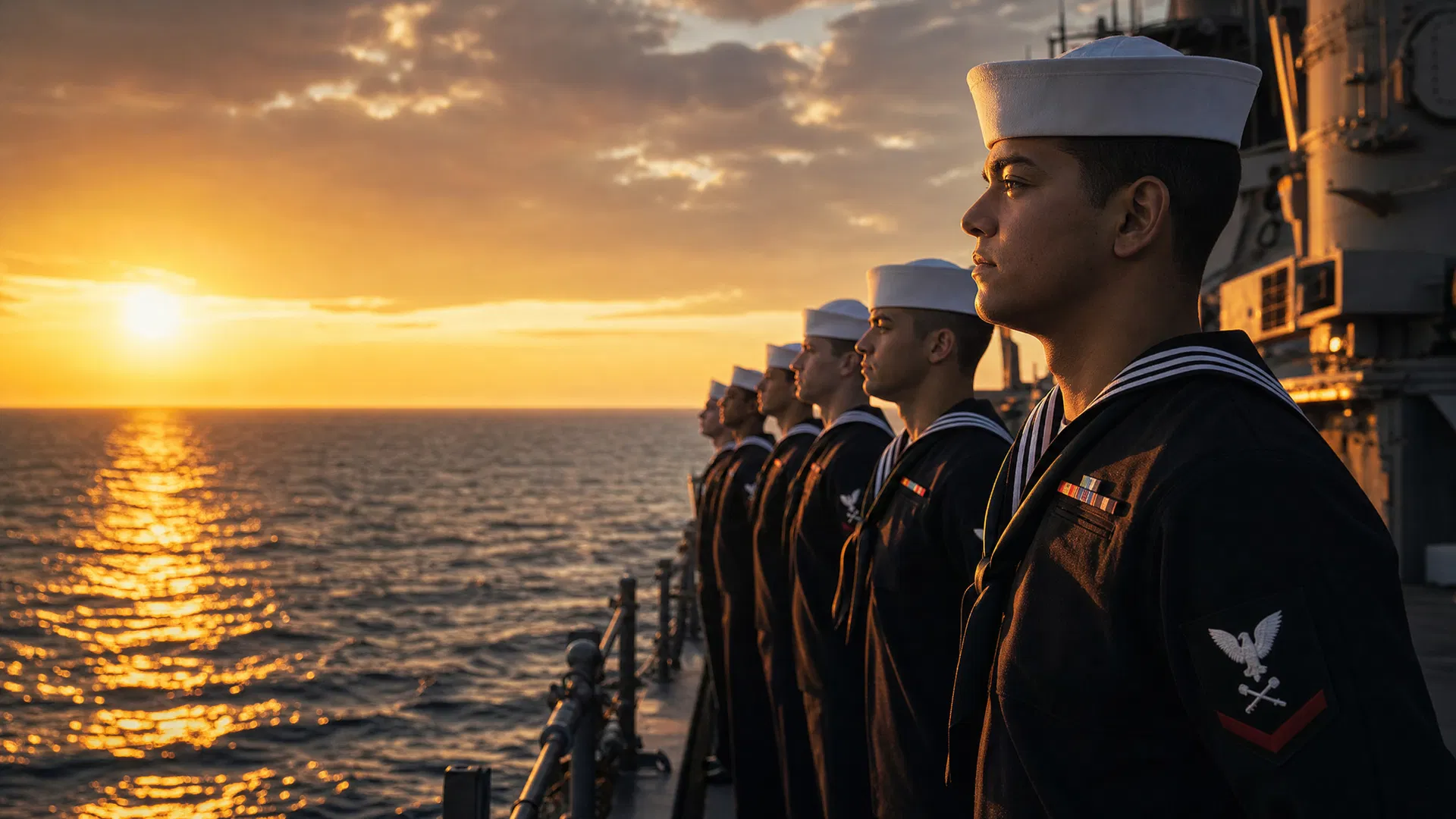 US Navy sailors at sunset