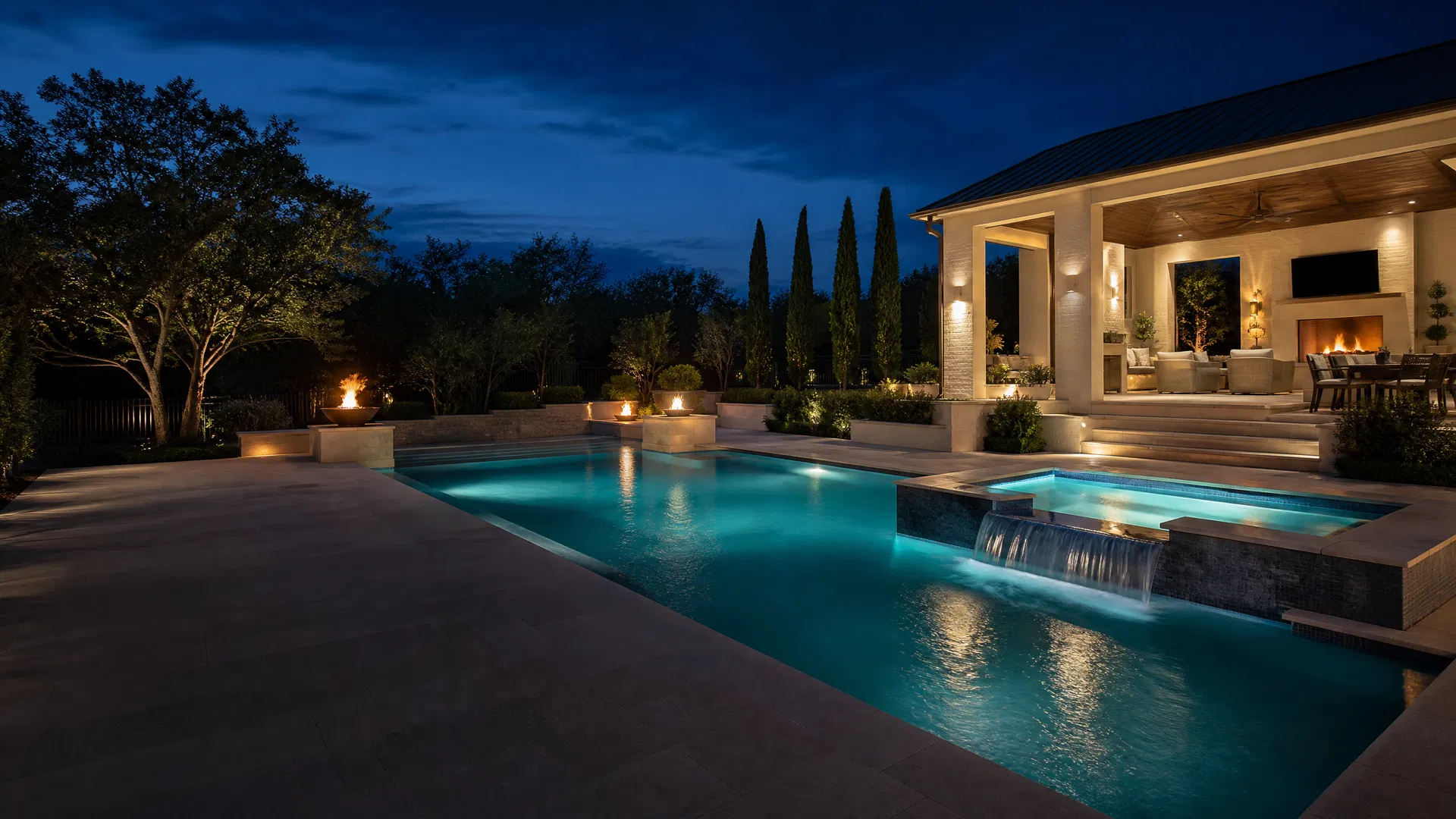 Luxury custom gunite pool and outdoor living space at dusk