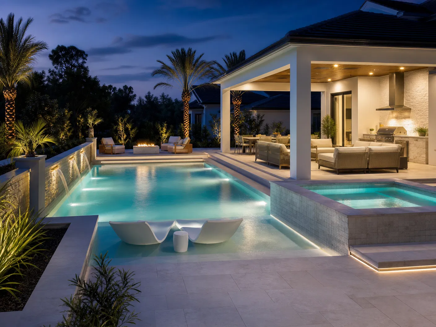 Completed custom pool and outdoor living area
