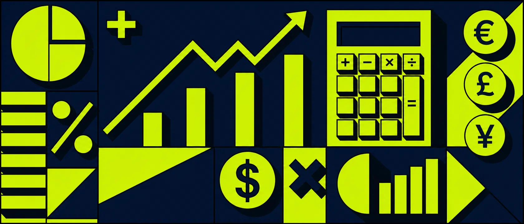 CalcWise financial calculators hero background with geometric patterns and currency symbols