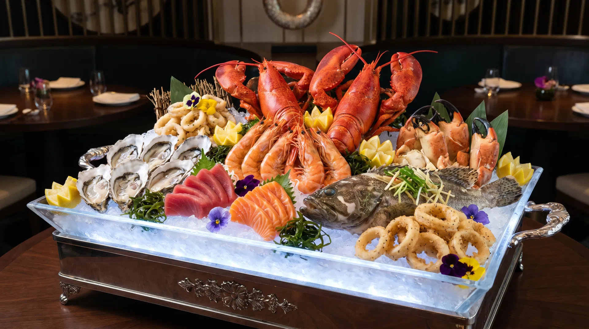 冰鎮海鮮拼盤及海鮮食材呈現,供煮食班海鮮菜式構思參考