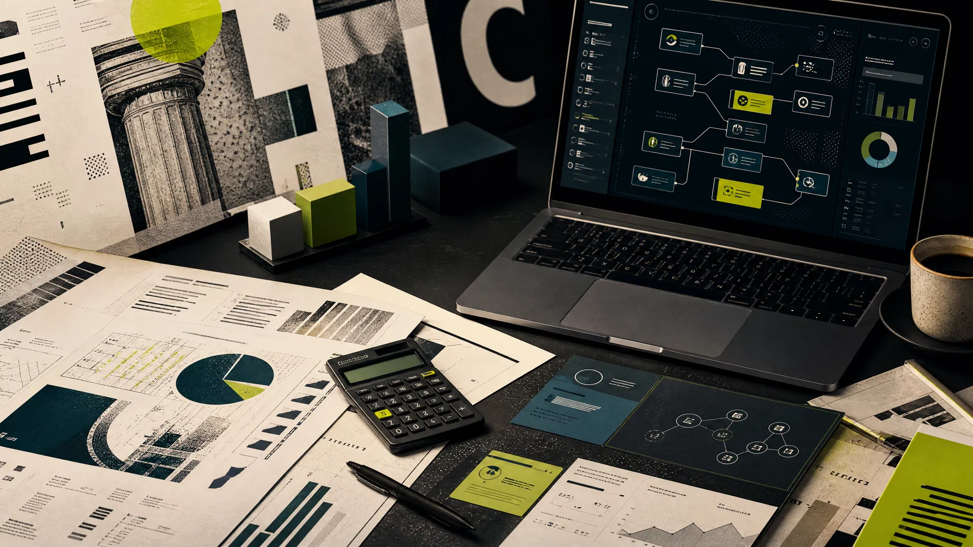 Mesa editorial con informes, gráficos y herramientas de automatización