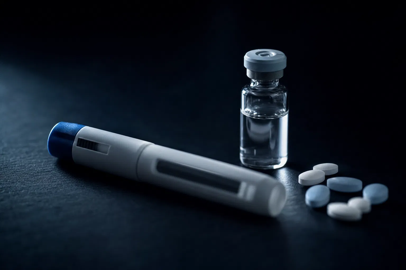 GLP-1 medications — auto-injector pen, glass vial, and oral pills on dark surface — The Diet Rebel