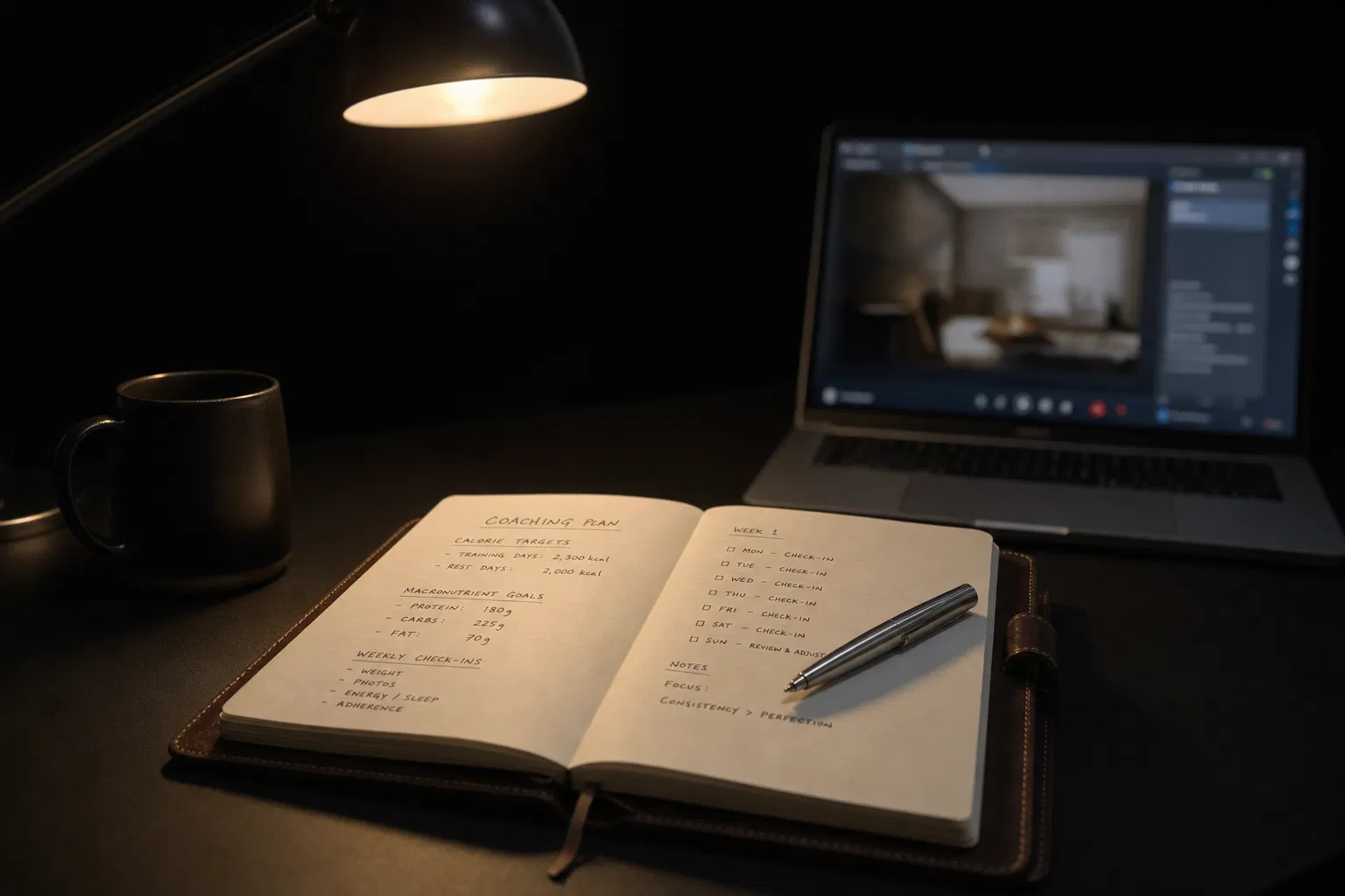 Coaching plan notebook with calorie targets and weekly check-ins
