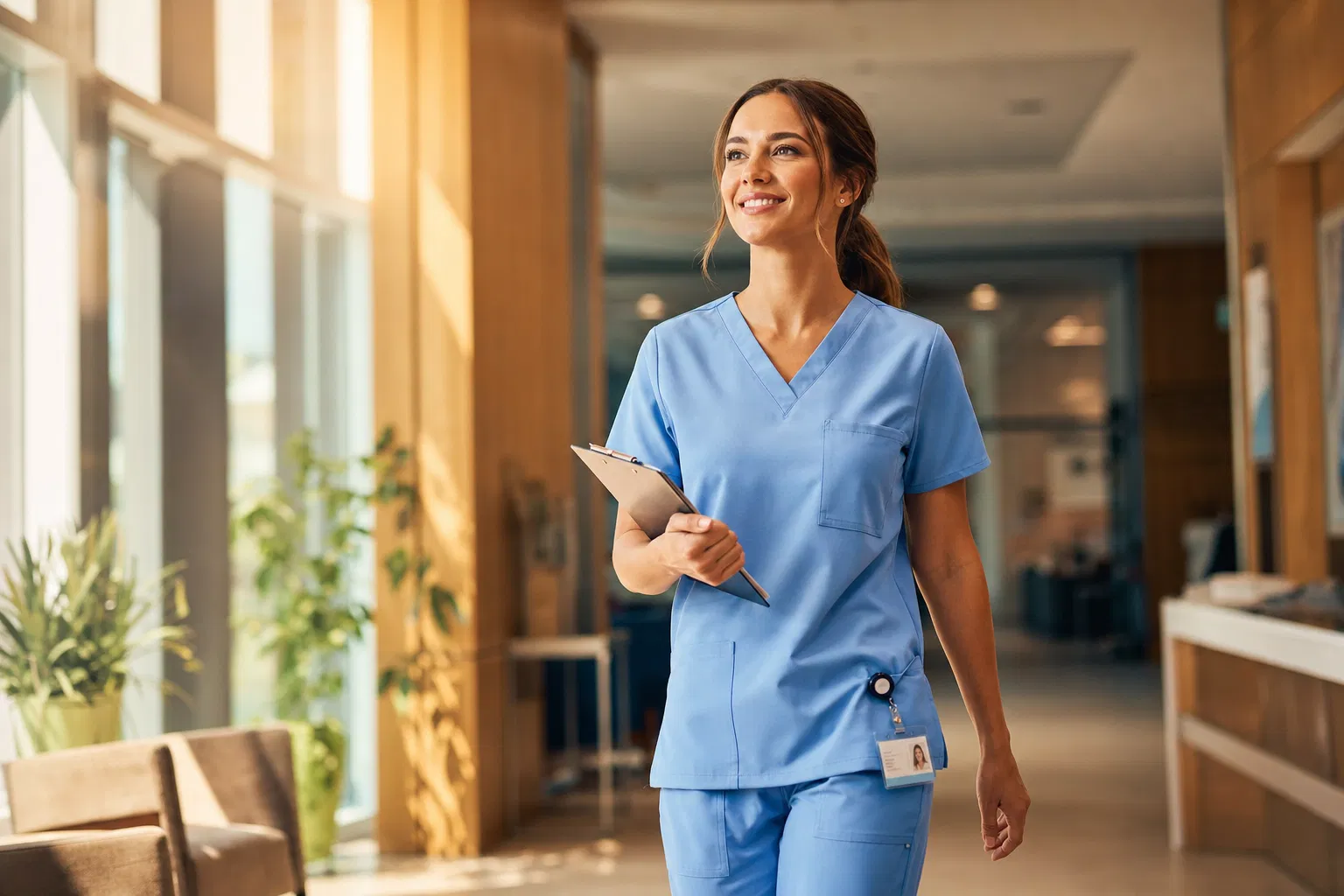 Caregiver walking with purpose