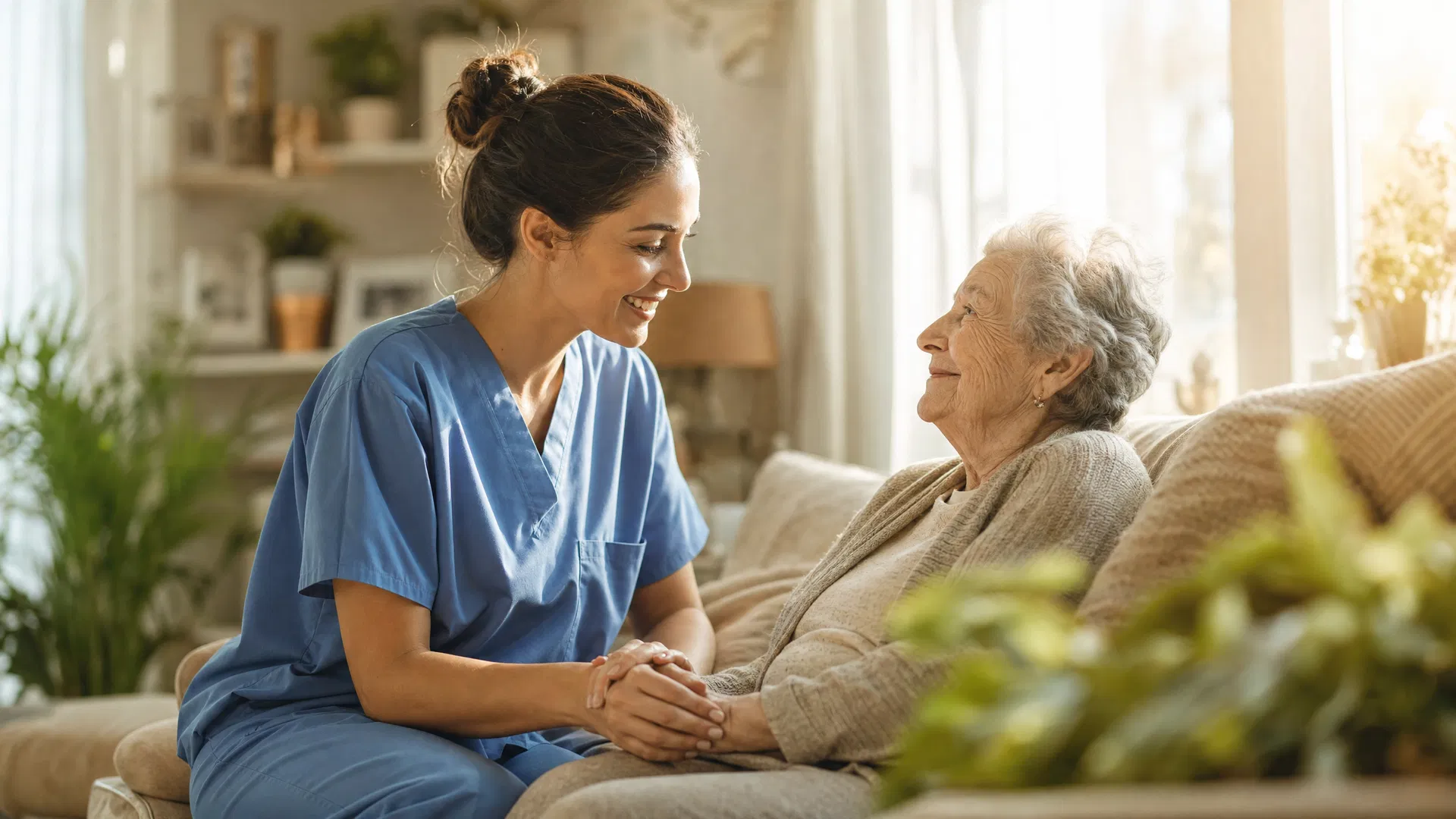 Compassionate caregiver holding hands with elderly woman