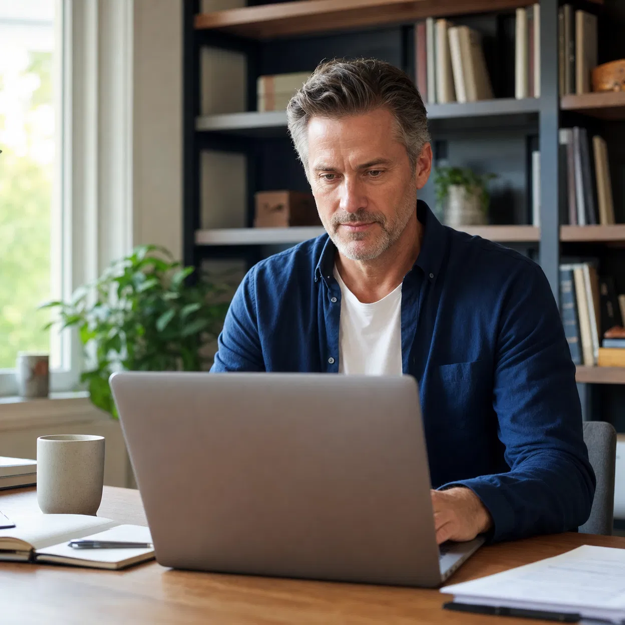 Man with sharper focus at desk