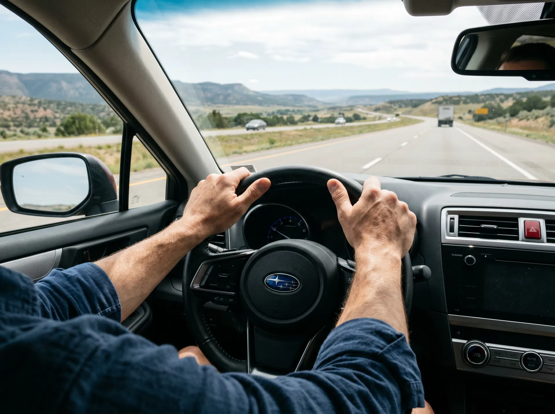 Man driving confidently on open road