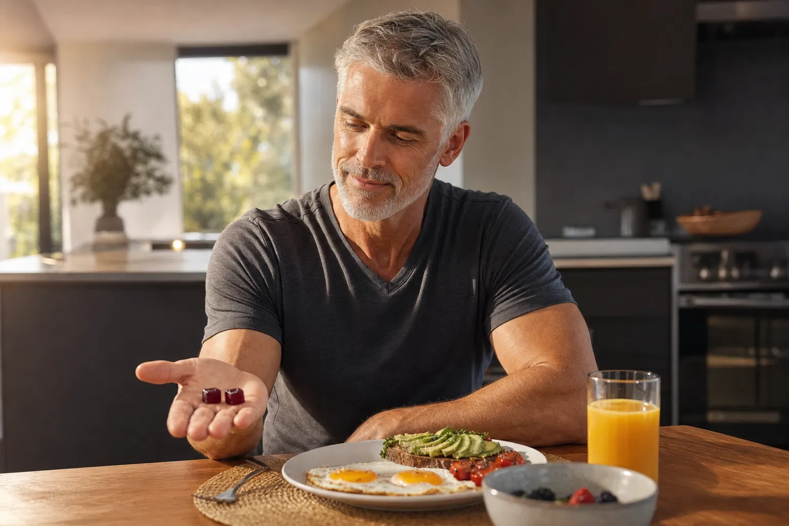 Man taking Nutraful chews with breakfast