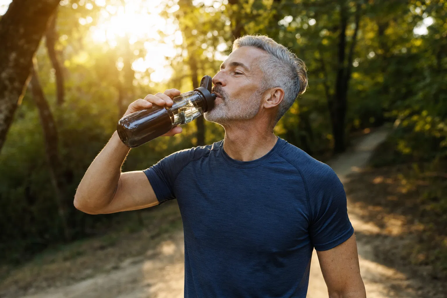 Man hydrating outdoors on trail