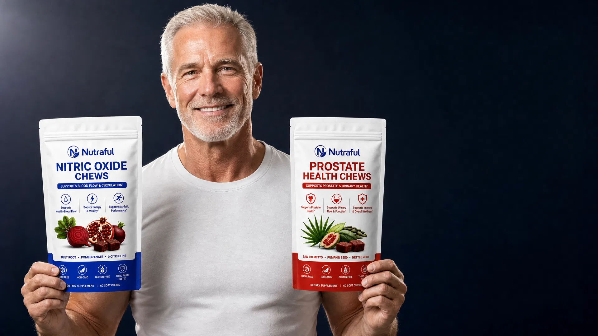 Man holding Nutraful Nitric Oxide and Prostate Health Chews