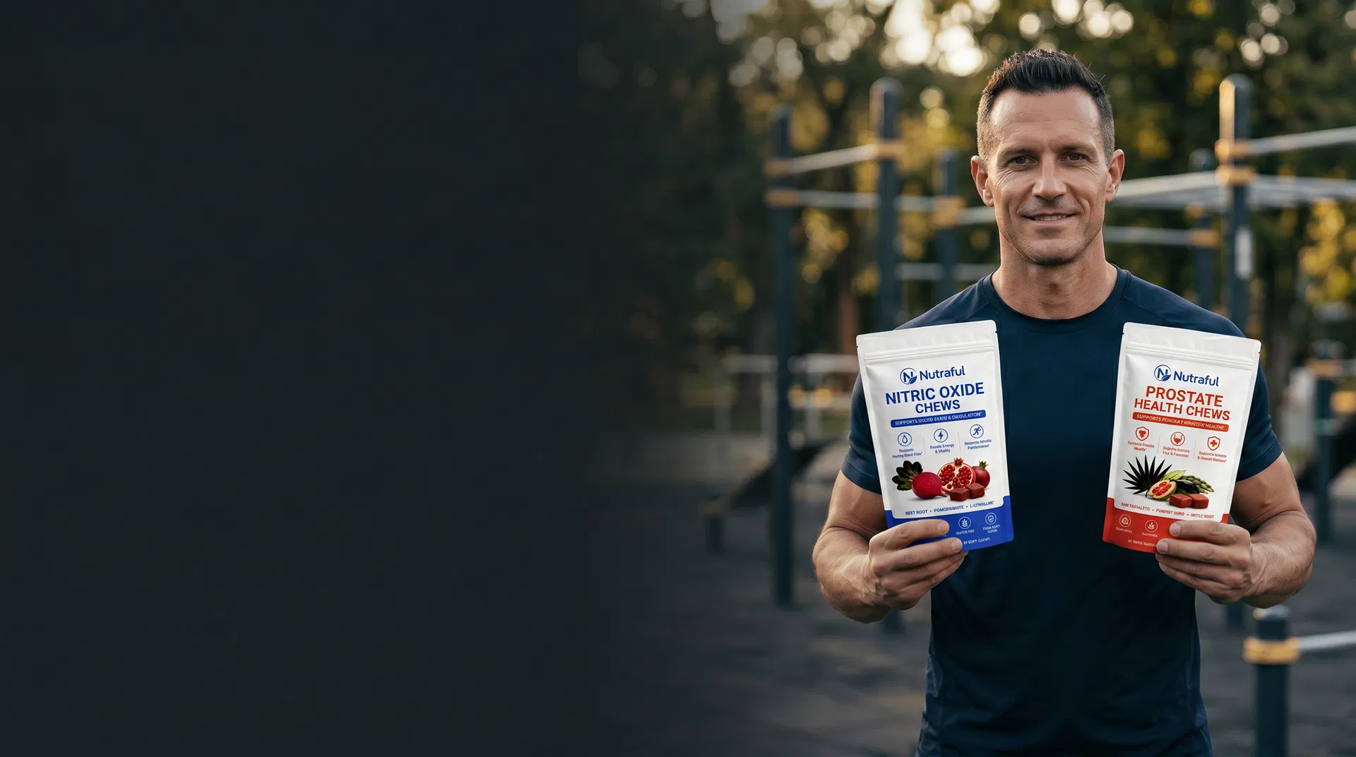 Man holding Nutraful supplement bags outdoors